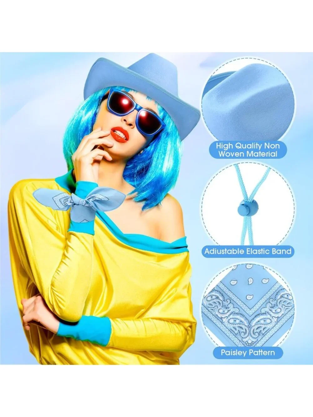 Men's Sky Blue Bandanas Bulk Adjustable Felt Western Cowboy Cowgirl Hat 12 Pcs